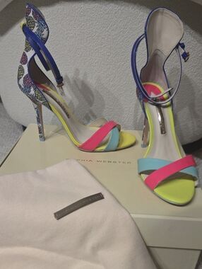 Sophia Webster Neon Yellow, Pink & Blue Floral Ankle-Strap Heels
